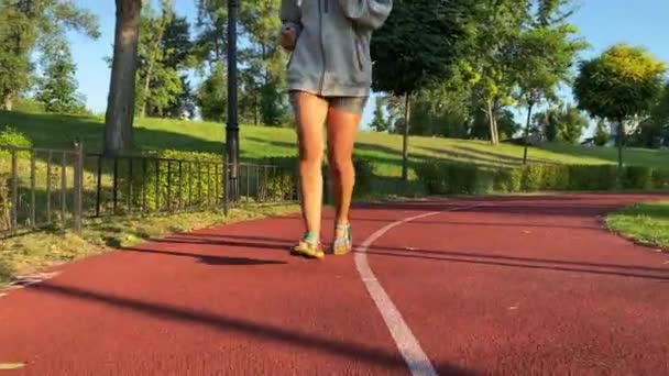 다인종 여자는 공원에서 트레일에 조깅에 조깅꾼은 하늘과 경관을 배경으로 황금빛 — 비디오