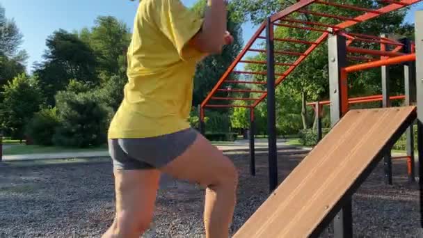 Jeune Femme Multiraciale Faisant Une Routine Exercice Dynamique Parc Entraînement — Video