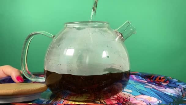 透明なティーポットは香りの良い天然茶の醸造過程で沸騰した水で満たされます 蒸気は乾いた茶葉が水分で渦巻き 朝の飲料を作成するように涙の壁を包みます — ストック動画