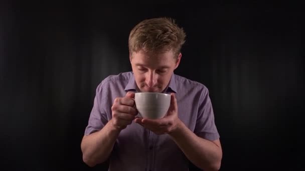 Stylish Portrait Trendy Young Man Sipping Hot Drink Dressed Vibrant — Stock Video