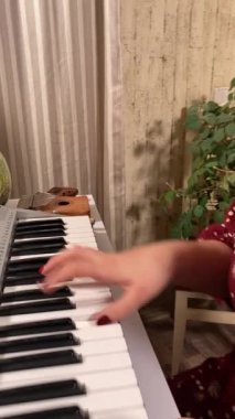 Şık elbiseli ve gözlüklü güzel bir genç kadın evde çalışırken dijital piyano çalar. İçeride yaratıcılığın ve adanmışlığın huzurlu bir anı. Hobi ve boş zaman