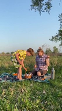 Genç bir baba ve oğlunun yaz pikniğini otlakta birlikte geçirdiği dikey görüntüler. Dışarıdaki eğlenceli aktivitelere katılıyorlar, sıcak güneşin altında mutlu anılar yaratıyorlar.