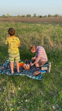 Genç bir baba ve oğlunun yaz pikniğini otlakta birlikte geçirdiği dikey görüntüler. Dışarıdaki eğlenceli aktivitelere katılıyorlar, sıcak güneşin altında mutlu anılar yaratıyorlar.