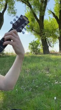 Genç bir baba ve oğlunun yaz pikniğini otlakta birlikte geçirdiği dikey görüntüler. Dışarıdaki eğlenceli aktivitelere katılıyorlar, sıcak güneşin altında mutlu anılar yaratıyorlar.