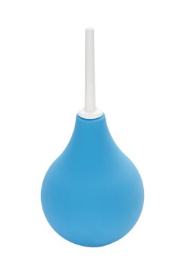 Medical pear rubber blue enema Isolated on white background. Enema for cleaning intestines and treating diseases of digestive system and cleaning body. File contains clipping path.