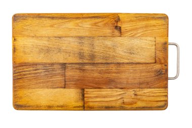 Old rectangular wooden cutting board, isolated on white background, full depth of field, top view. File contains clipping path.