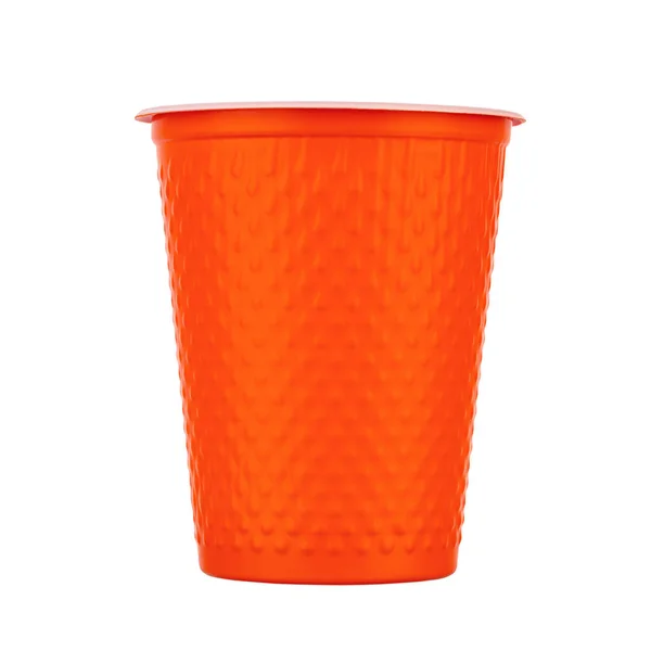 Orange Plastic Cup Isolated White Background Full Depth Field Cups — Zdjęcie stockowe