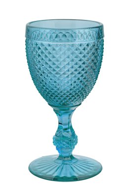 Stemware. Beautiful empty wine glass isolated on white background. Christmas coloured glass. The shape of the glass is reminiscent of old-fashioned textured dishes. File contains clipping path.