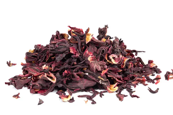 Hibiskus Stos Czerwonych Wyschniętych Liści Herbaty Hibiskusa Herbata Karkade Białym — Zdjęcie stockowe