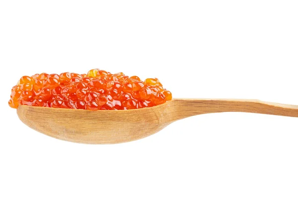 Caviar Rojo Salmón Una Cuchara Madera Aislada Sobre Fondo Blanco —  Fotos de Stock