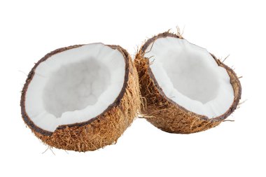 Tropik meyve, iki yarım hindistan cevizi beyaz arka planda izole edilir. Dosya kırpma yolu içeriyor. Tam alan derinliği.