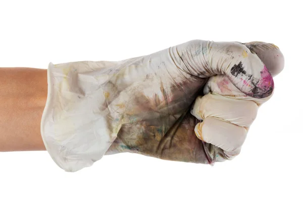 Festékbe Szennyezett Kesztyű Munkakesztyű Kéz Kézben Piszkos Kesztyű Szorítva Egy — Stock Fotó