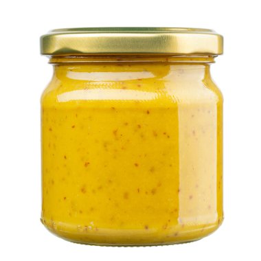 Beyaz arka planda izole edilmiş cam hardal kavanozu. Dosya kırpma yolu içeriyor.