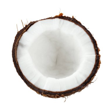 Tropik meyve, beyaz arka planda yarım hindistan cevizi izole edilmiş. Dosya kırpma yolu içeriyor. Tam alan derinliği.