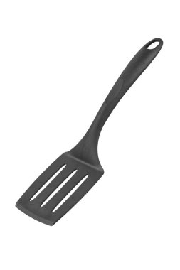 Siyah plastik spatula beyaz arka planda izole edilmiş. Mutfak aletleri. Dosya kırpma yolu içeriyor. 