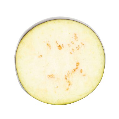 Aubergine. Sliced eggplant isolated on white background. Full depth of field. 