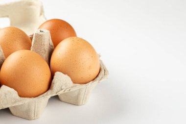 Raw chicken eggs in an egg tray on a white background. Space for text.