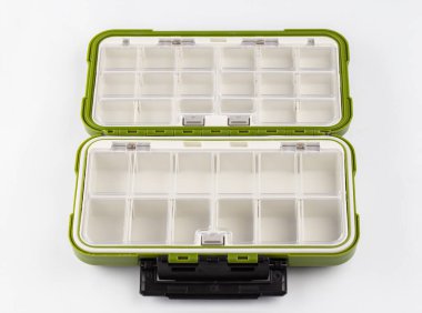 Plastic Pill Box Organizer, portable travel prescription or medication pill case on white background. Healthcare and medical concept.