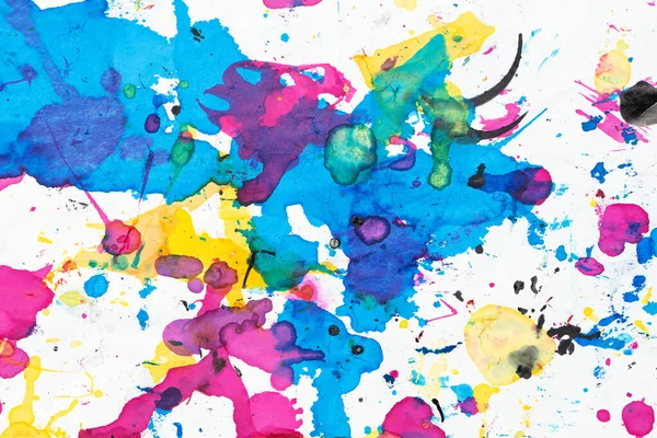 Spilled printer ink. Abstract colorful splatter on watercolor textured background.  Top view.