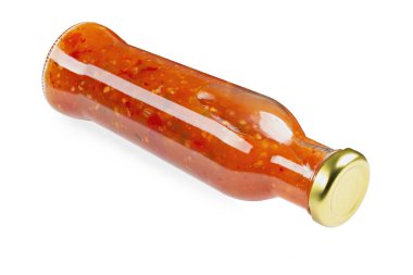 Bottle with Asian red sauce. Isolated on a white background. File contains clipping path.