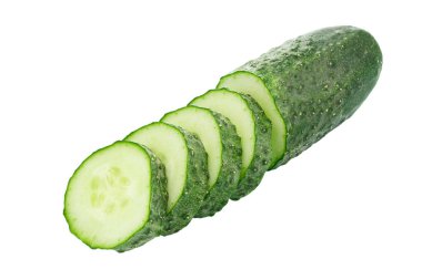 Homemade chopped cucumber.Fresh organic cucumber isolated on white background. File contains clipping path. Full depth of field.