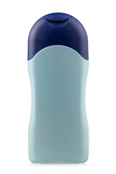 Botella Champú Azul Plástico Aislado Sobre Fondo Blanco Sin Inscripción — Foto de Stock