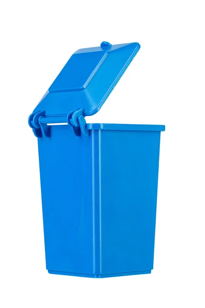 Niebieski Kosz Śmieci Otwartą Pokrywą Białym Tle Śmieci Śmietniki Plik — Zdjęcie stockowe