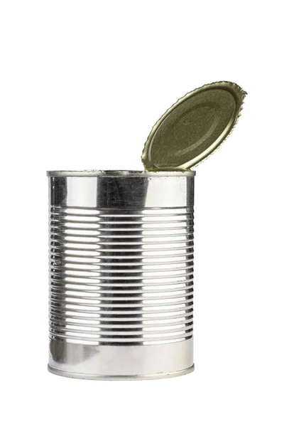 stock image Open tin can Isolated on white background. Canned food. File contains clipping path.