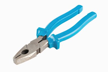 Kauçuk saplı yeni bir metal pense beyaz arka planda izole edilmiş mavi renk. Yan görüş. Tamir ya da bina konsepti. Dosya kırpma yolu içeriyor.