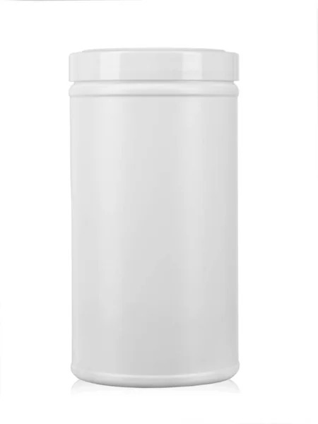 White Plastic Jar Medicines Vitamins Inscription Isolated White Background File — Stock Photo, Image