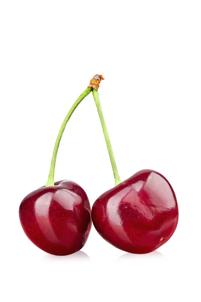 Two Ripe Red Cherries Stalk Isolated White Background File Contains — Stock Photo, Image