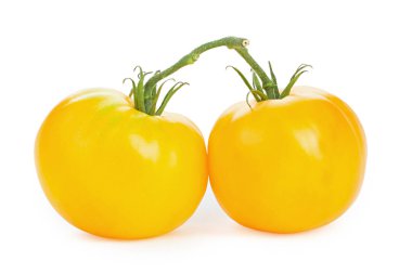 Beyaz arka planda yeşil kuyruklu taze turuncu domatesler. Sebzeler, sağlıklı vejetaryen organik yiyecekler, hasat konsepti domates desenli yemek pişirme..