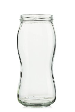 Kapağı olmayan şeffaf konserve kavanozu boşalt. Beyaz arka planda izole edilmiş. Dosya kırpma yolu içeriyor