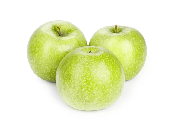 Τρία Ώριμα Πράσινα Μήλα Απομονωμένα Λευκό Φόντο Αρχείο Περιέχει Διαδρομή — Φωτογραφία Αρχείου
