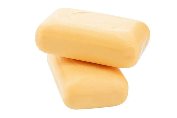 Dwa Żółte Mydło Toaletowe Odizolowane Białym Tle Plik Zawiera Ścieżkę — Zdjęcie stockowe