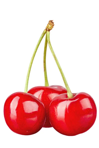 Trzy Dojrzałe Czerwone Wiśnie Łodydze Odizolowany Białym Tle Plik Zawiera — Zdjęcie stockowe