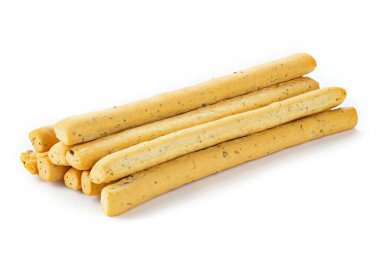 Grissini çubukları. Geleneksel İtalyan ekmek çubukları beyaz arka planda izole.