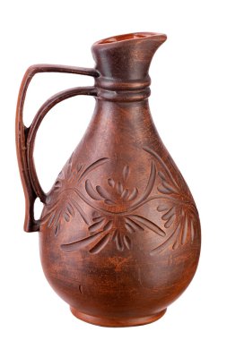 Clay jug with a narrow neck liquid for water or wine, isolated on white background. Full depth of field. File contains clipping path. 