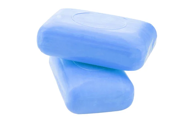 Dwa Niebieskie Mydło Toaletowe Odizolowane Białym Tle Plik Zawiera Ścieżkę — Zdjęcie stockowe