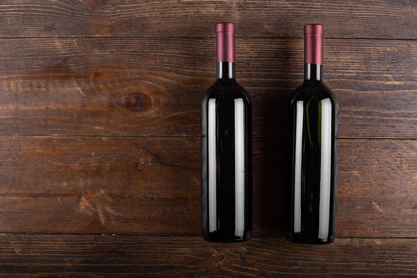 Two Bottles Red Wine Wooden Background View Space Text — Stock Photo, Image