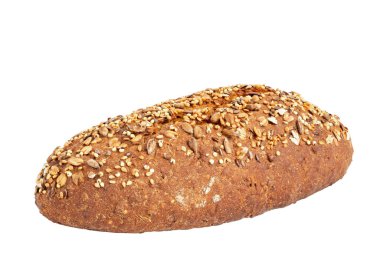 Beyaz arka planda izole edilmiş taze pişmiş ekmek. Keten ve ayçekirdeği serpiştirilmiş ekmek. Paketleme tasarımı elementi. Dosya kırpma yolu içeriyor.