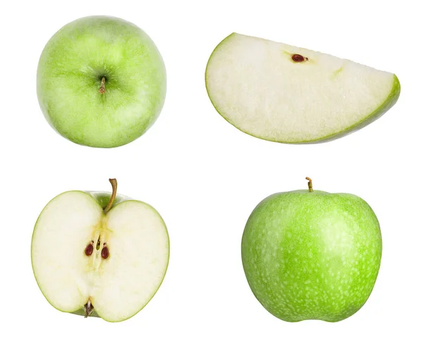Sliced Whole Green Apple Set Isolated White Background File Contains — Stock Photo, Image