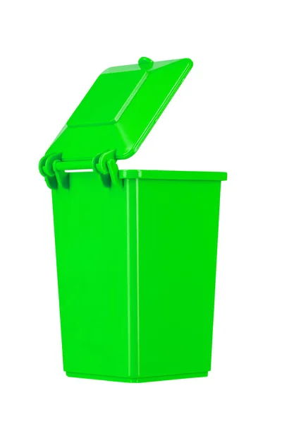 Zöld Újrahasznosító Kosár Nyitott Fedéllel Elszigetelt Fehér Háttér Szemét Kuka — Stock Fotó