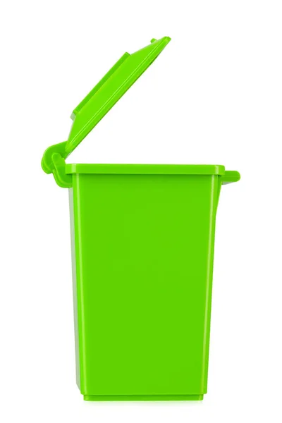 Πράσινο Κάδο Ανακύκλωσης Ανοιχτό Καπάκι Απομονώνονται Λευκό Φόντο Σκουπίδια Σκουπίδια — Φωτογραφία Αρχείου