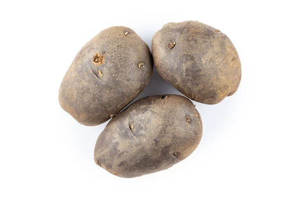 Τρεις Ακατέργαστες Πατάτες Χωρίς Αποφλοιωμένες Απομονωμένο Λευκό Φόντο Αρχείο Περιέχει — Φωτογραφία Αρχείου