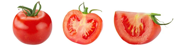 Ώριμη Κόκκινη Ντομάτα Έτοιμη Ολόκληρη Και Κομμένη Ντομάτα Απομονωμένο Λευκό — Φωτογραφία Αρχείου
