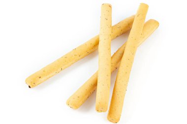 Taze lezzetli Grissini beyaz arka plana yapışıyor.