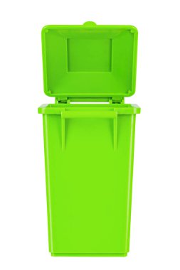 Beyaz arka planda izole edilmiş, açık yeşil, büyük bir plastik kutu. Kapaklı bir çöp konteynırı. Temizlik, atık ayırma ve kamu hijyeni kavramı. Dosya kırpma yolu içeriyor.