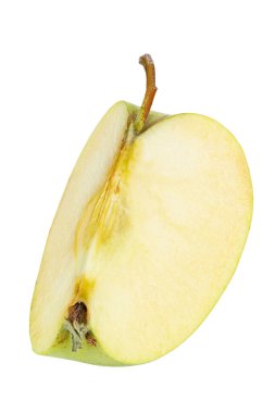 Beyaz arka planda izole edilmiş yeşil sulu elma dilimi. Sağlıklı yiyecekler. Dosya kırpma yolu içeriyor. Tam alan derinliği.