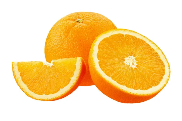 Orangenfrucht Mit Halbiertem Schnitt Isoliert Auf Weißem Hintergrund Datei Enthält — Stockfoto